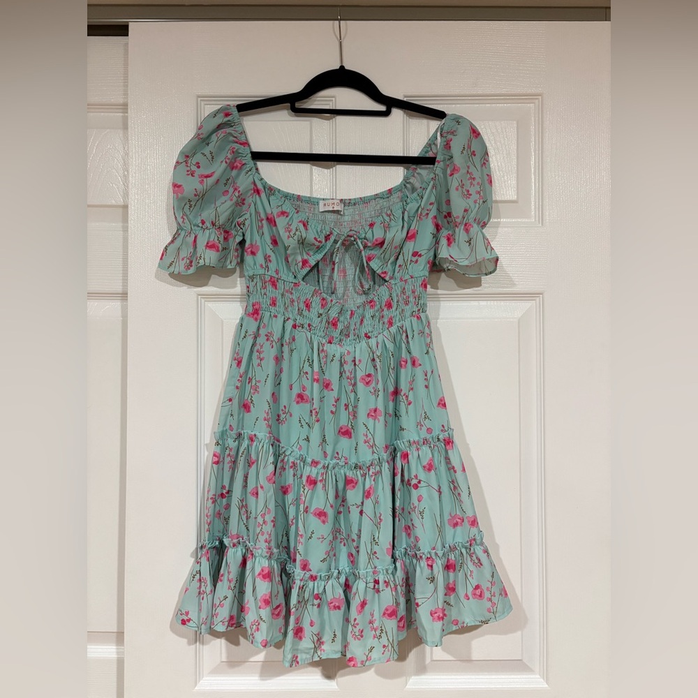 RUMO Blue Tiered Floral Tie Front Puff Sleeve Dress size 8